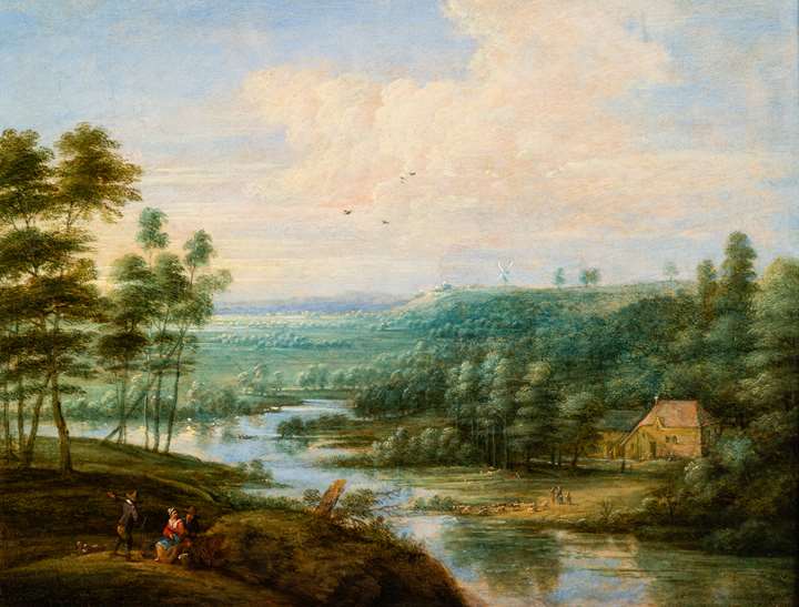 Extensive River Landscape with figures resting.
River Landscape with figures conversing by a fallen tree.